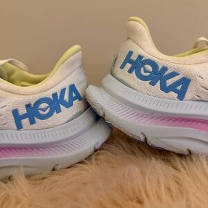 Hoka White, Blue, Pink Sneakers With Signs Of Wear. Size 8.